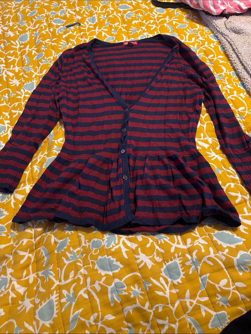 Target Merona Striped Peplum Cardigan Maroon Navy Button Up